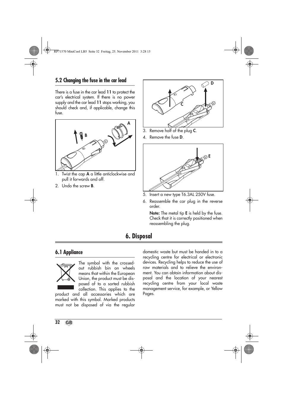 Disposal, 2 changing the fuse in the car lead, 1 appliance | Silvercrest SMK 15 A1 User Manual | Page 34 / 46