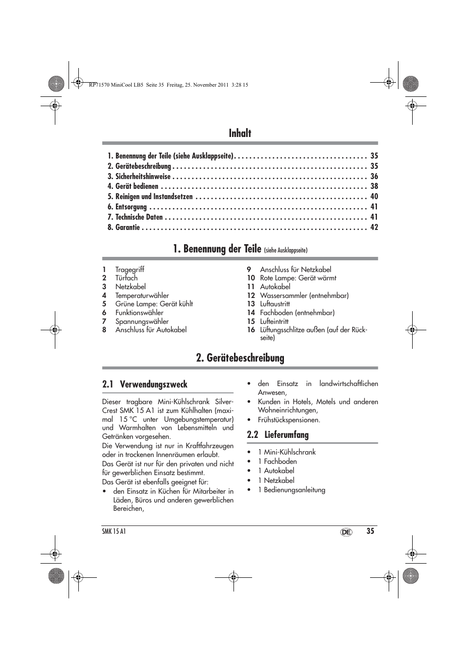 Inhalt, Benennung der teile, Gerätebeschreibung | 1 verwendungszweck, 2 lieferumfang | Silvercrest SMK 15 A1 User Manual | Page 37 / 46