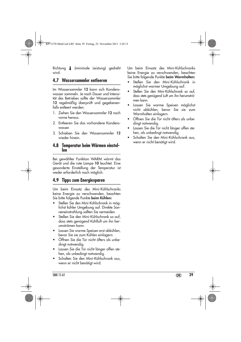 7 wassersammler entleeren, 8 temperatur beim wärmen einstel- len, 9 tipps zum energiesparen | Silvercrest SMK 15 A1 User Manual | Page 41 / 46