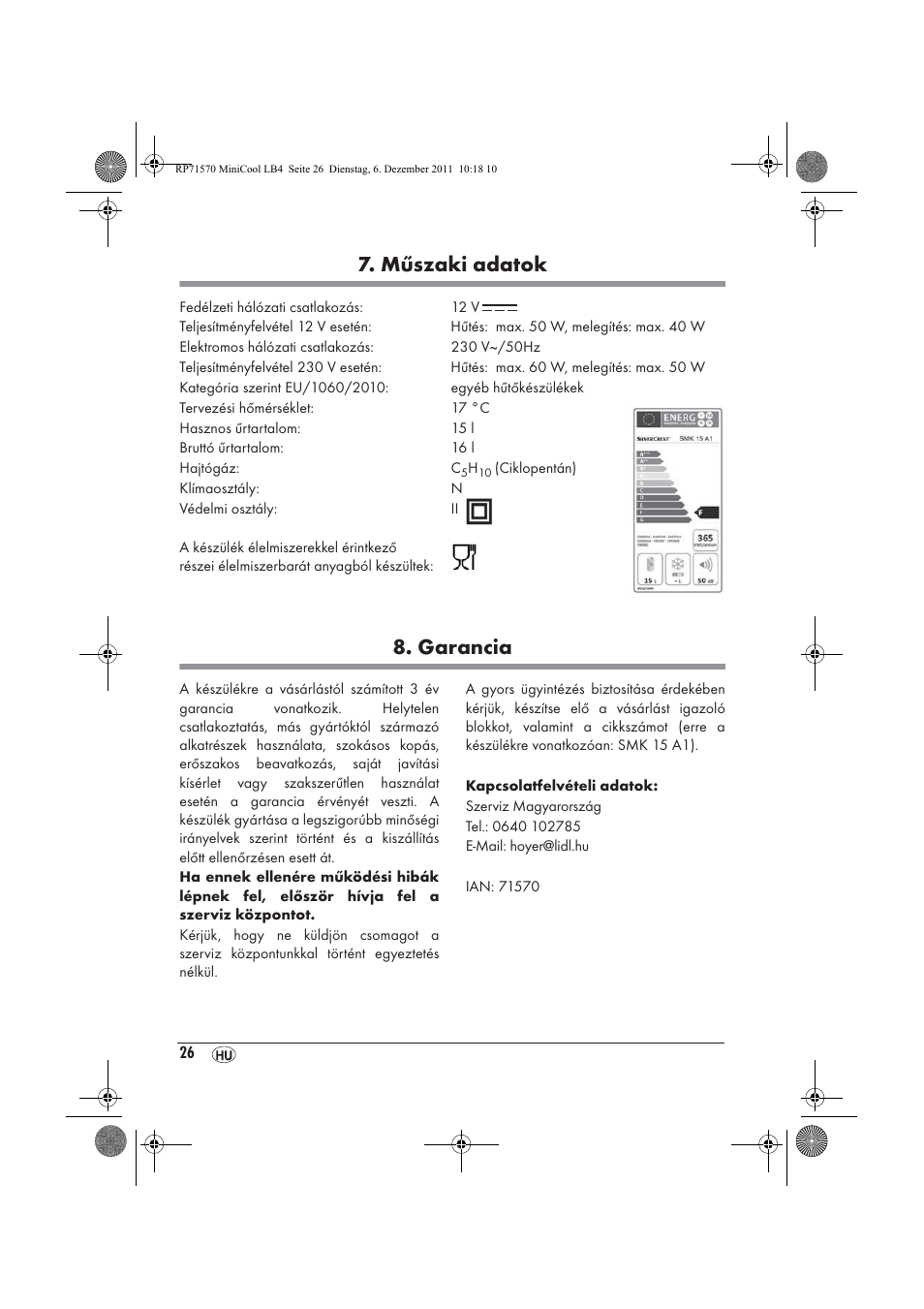 Műszaki adatok, Garancia | Silvercrest SMK 15 A1 User Manual | Page 28 / 62
