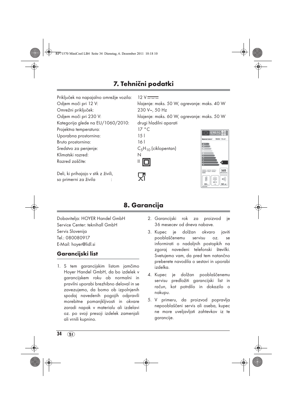 Tehnični podatki, Garancija | Silvercrest SMK 15 A1 User Manual | Page 36 / 62