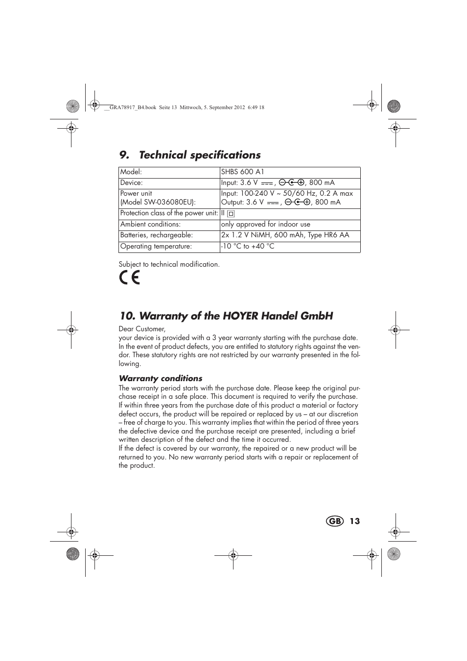 Technical specifications, Warranty of the hoyer handel gmbh | Silvercrest SHBS 600 A1 User Manual | Page 15 / 104