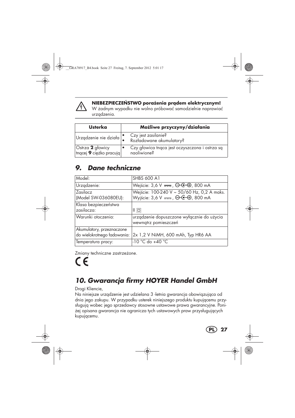 Dane techniczne, Gwarancja firmy hoyer handel gmbh | Silvercrest SHBS 600 A1 User Manual | Page 29 / 104