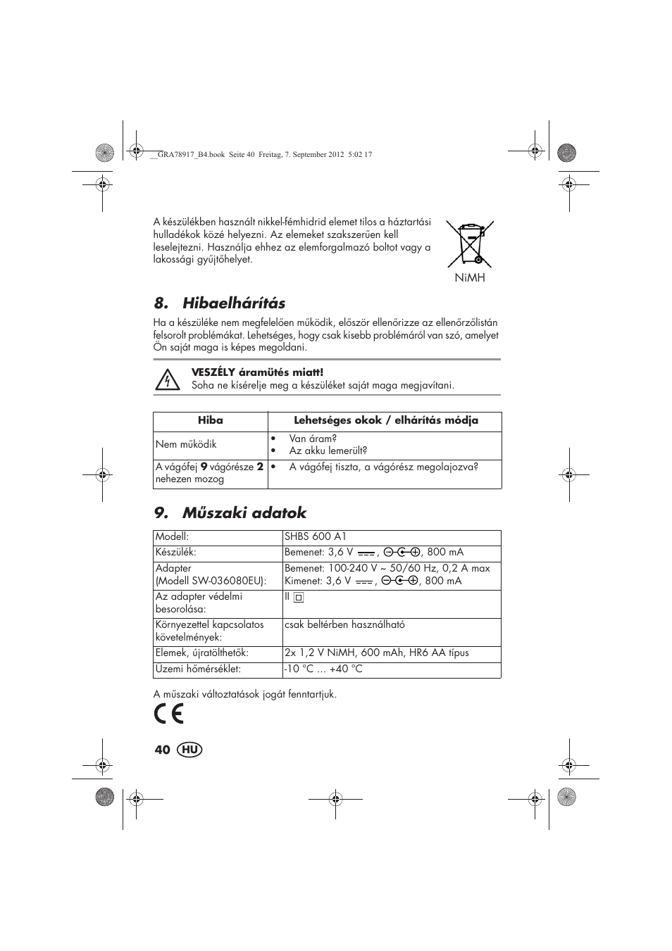 Hibaelhárítás, Mszaki adatok | Silvercrest SHBS 600 A1 User Manual | Page 42 / 104