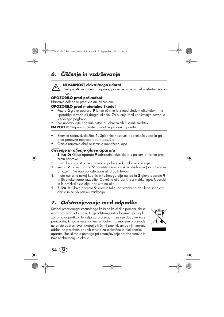 išenje in vzdrževanje, Odstranjevanje med odpadke | Silvercrest SHBS 600 A1 User Manual | Page 56 / 104
