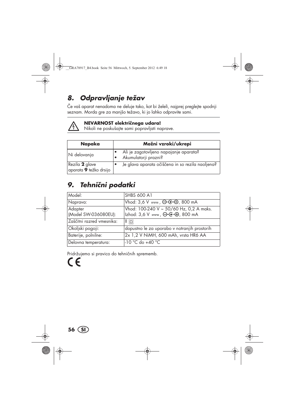 Odpravljanje težav, Tehnini podatki | Silvercrest SHBS 600 A1 User Manual | Page 58 / 104