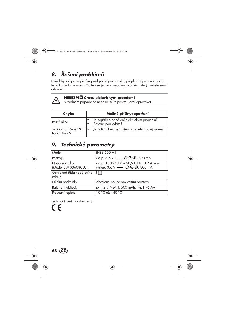 ešení problém, Technické parametry | Silvercrest SHBS 600 A1 User Manual | Page 70 / 104