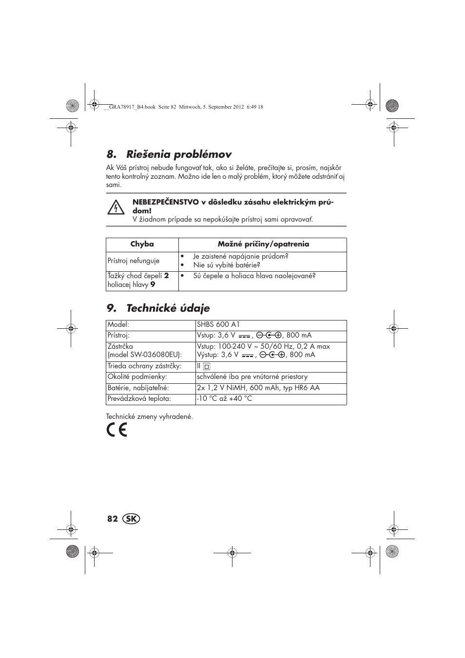 Riešenia problémov, Technické údaje | Silvercrest SHBS 600 A1 User Manual | Page 84 / 104