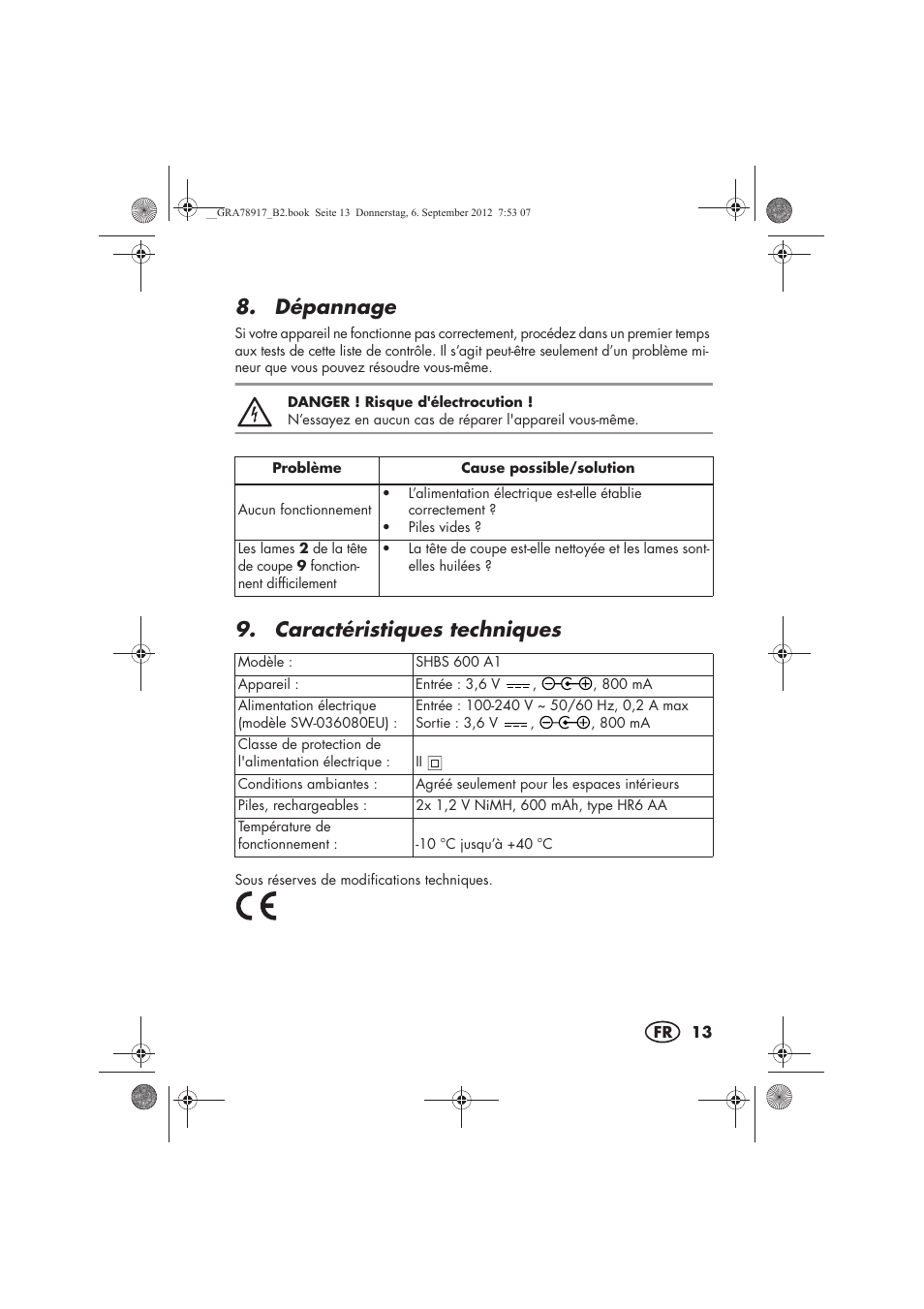Dépannage, Caractéristiques techniques | Silvercrest SHBS 600 A1 User Manual | Page 15 / 64