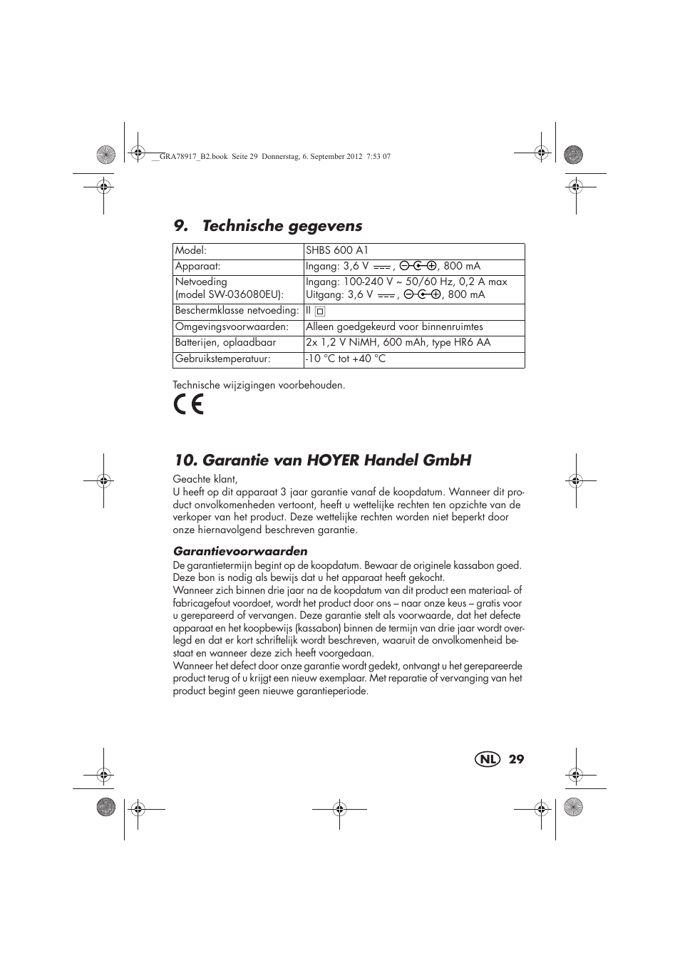 Technische gegevens, Garantie van hoyerhandel gmbh | Silvercrest SHBS 600 A1 User Manual | Page 31 / 64