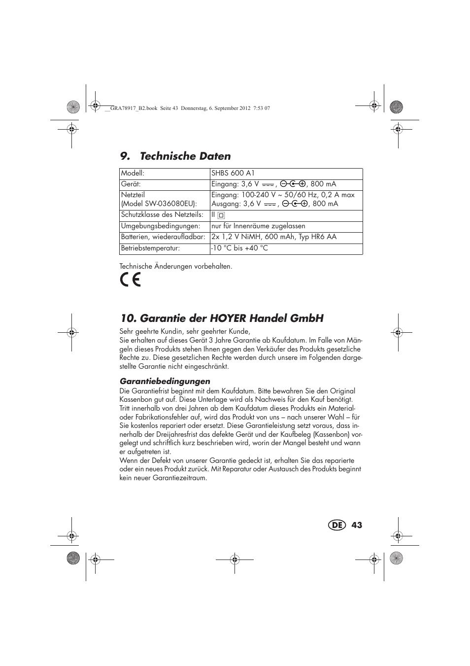 Technische daten, Garantie der hoyerhandel gmbh | Silvercrest SHBS 600 A1 User Manual | Page 45 / 64