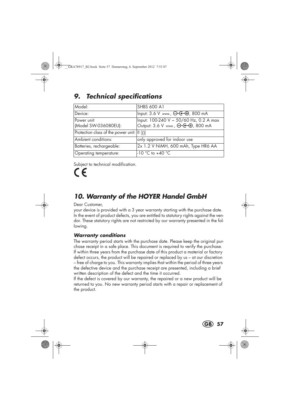 Technical specifications, Warranty of the hoyer handel gmbh | Silvercrest SHBS 600 A1 User Manual | Page 59 / 64