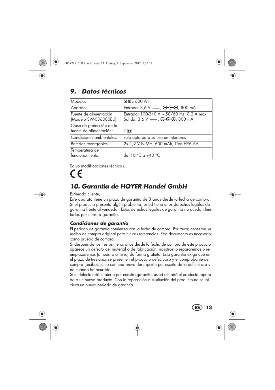 Datos técnicos, Garantía de hoyer handel gmbh | Silvercrest SHBS 600 A1 User Manual | Page 15 / 76