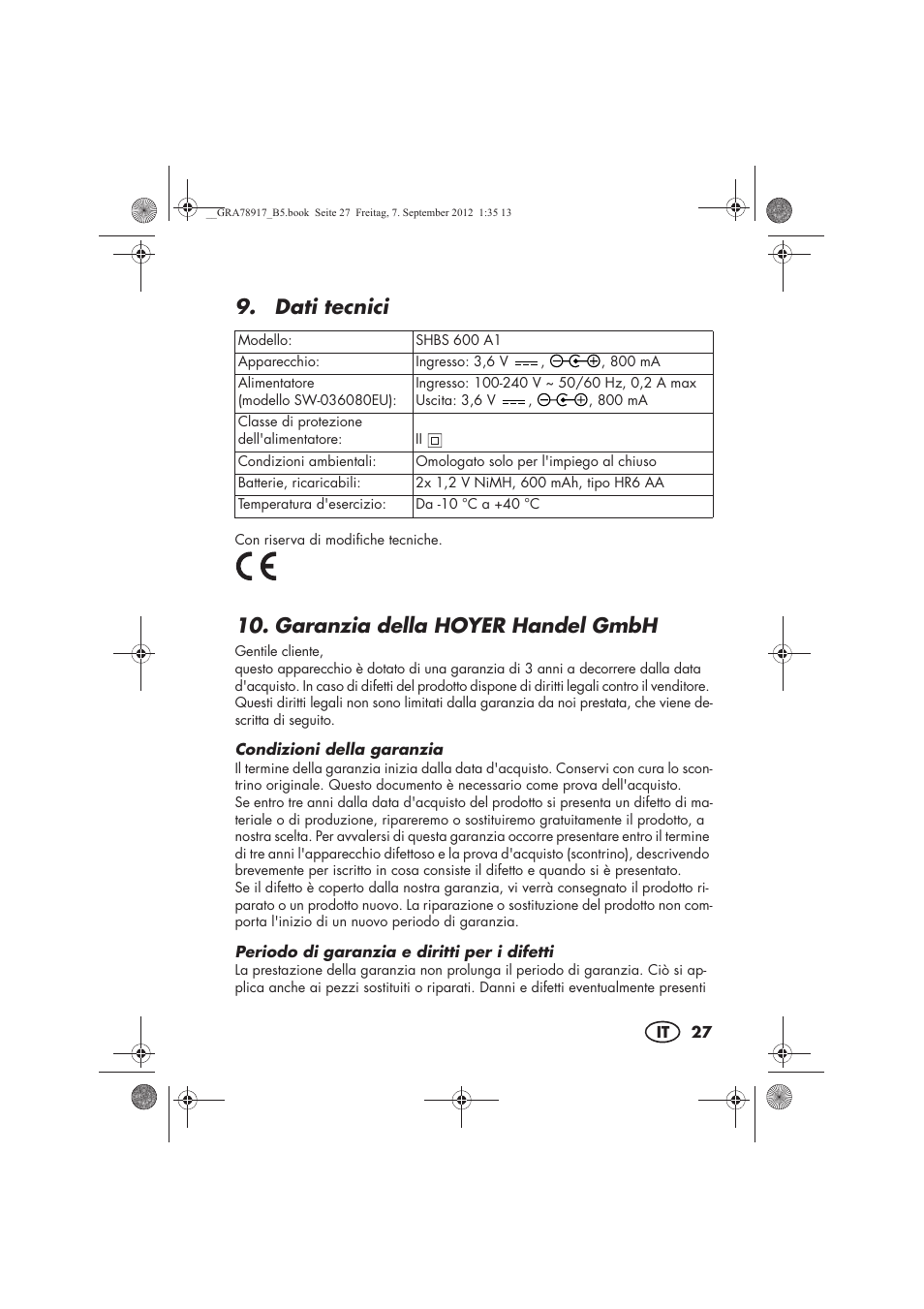 Dati tecnici, Garanzia della hoyer handel gmbh | Silvercrest SHBS 600 A1 User Manual | Page 29 / 76