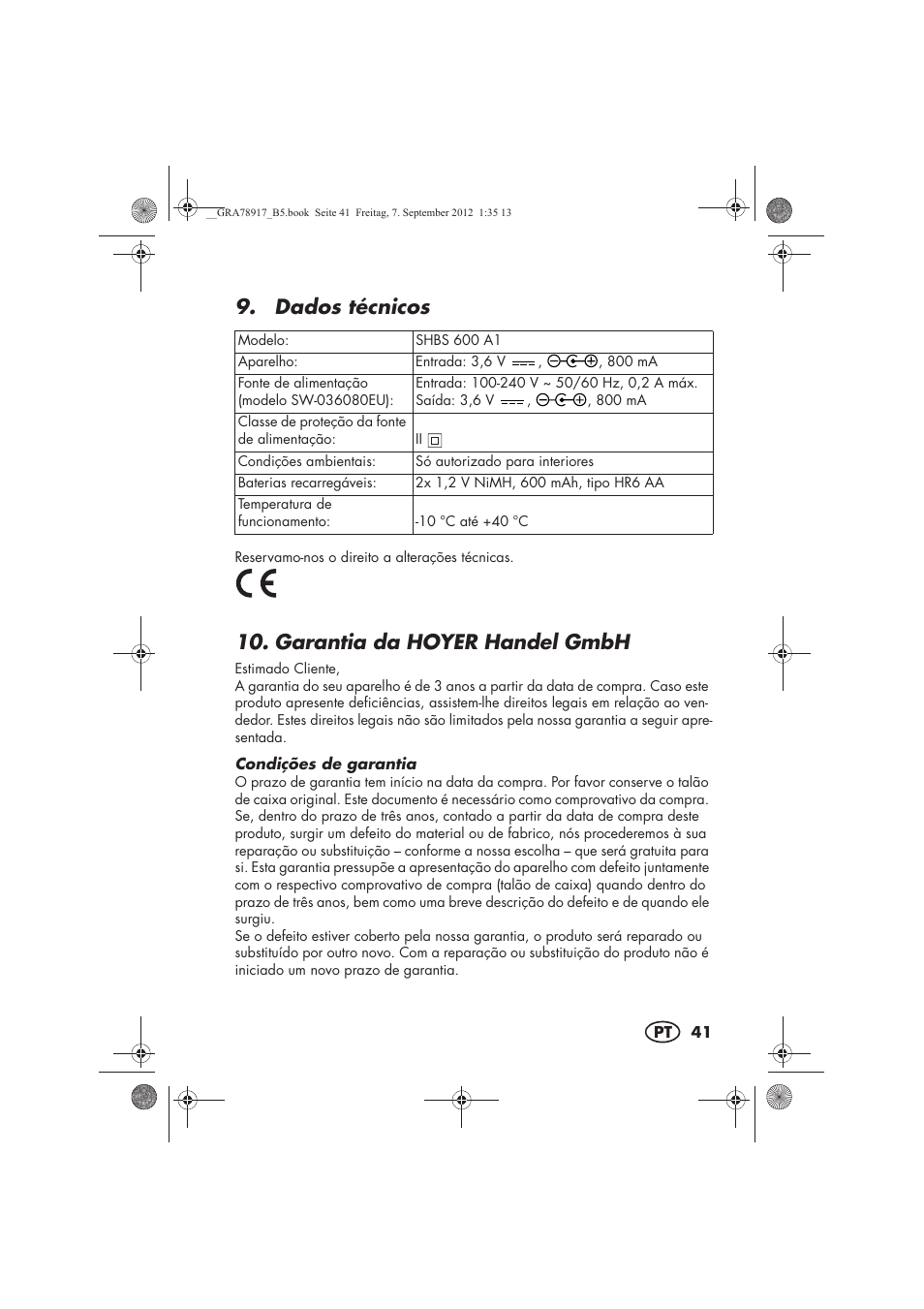 Dados técnicos, Garantia da hoyer handel gmbh | Silvercrest SHBS 600 A1 User Manual | Page 43 / 76