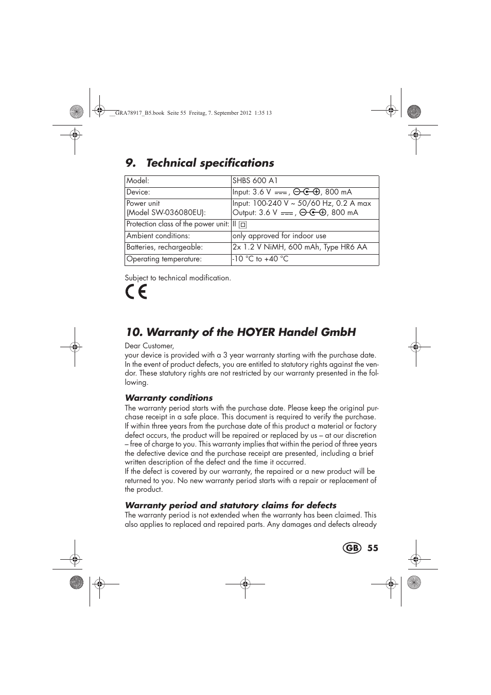 Technical specifications, Warranty of the hoyer handel gmbh | Silvercrest SHBS 600 A1 User Manual | Page 57 / 76