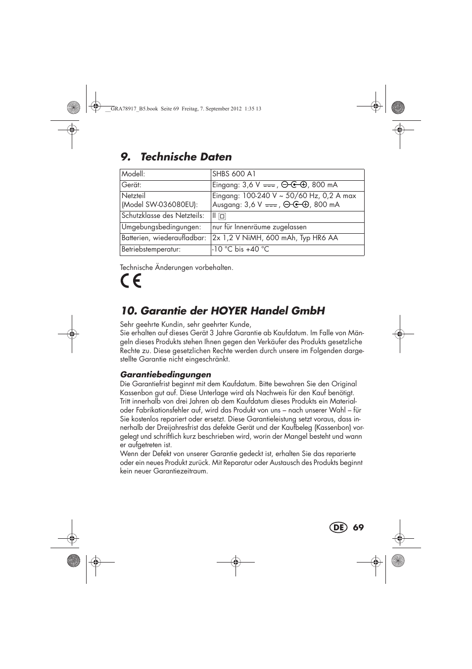 Technische daten, Garantie der hoyerhandel gmbh | Silvercrest SHBS 600 A1 User Manual | Page 71 / 76