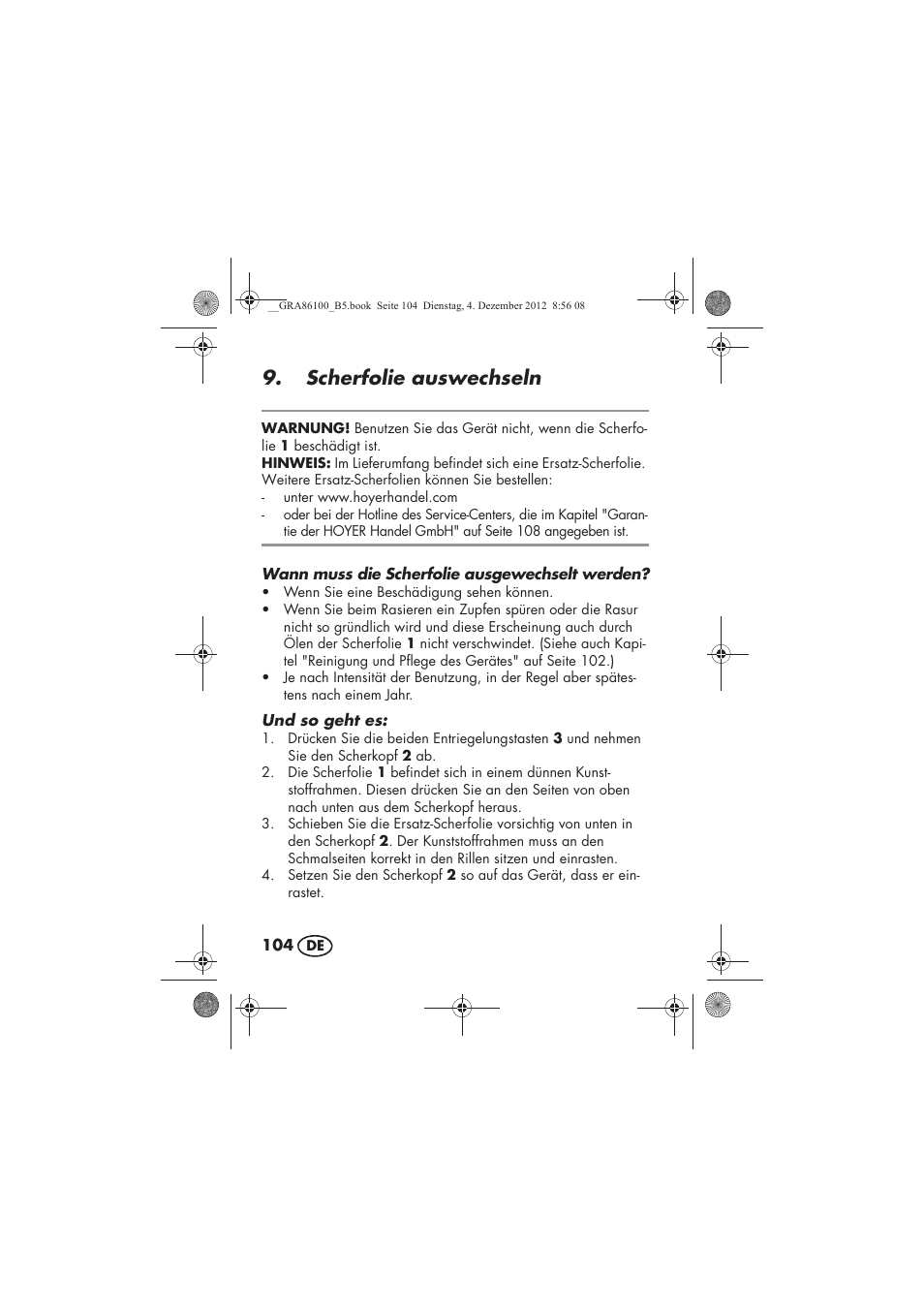 Scherfolie auswechseln | Silvercrest SDR 1000 A1 User Manual | Page 106 / 116