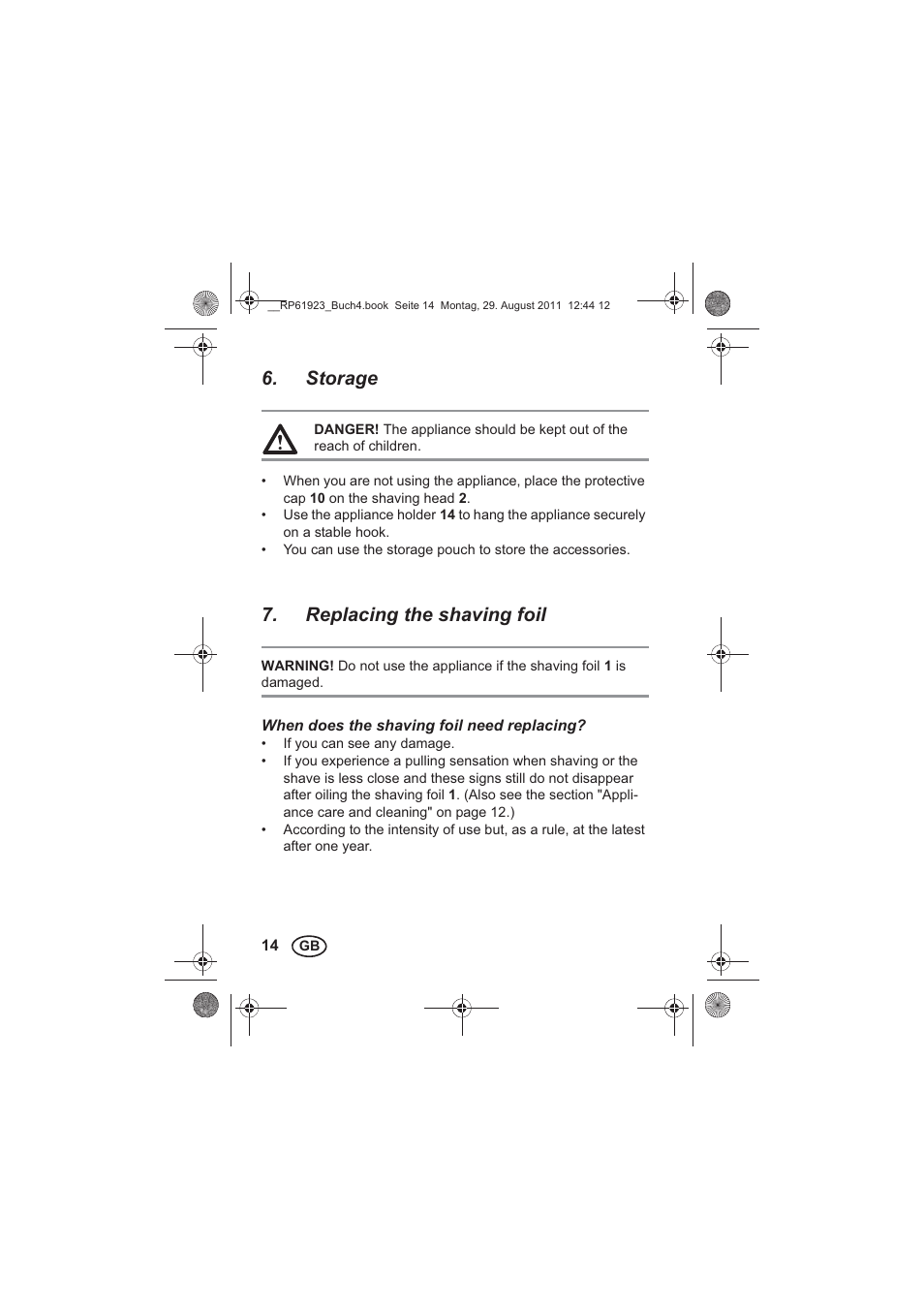 Storage, Replacing the shaving foil | Silvercrest SDR 1000 A1 User Manual | Page 16 / 154