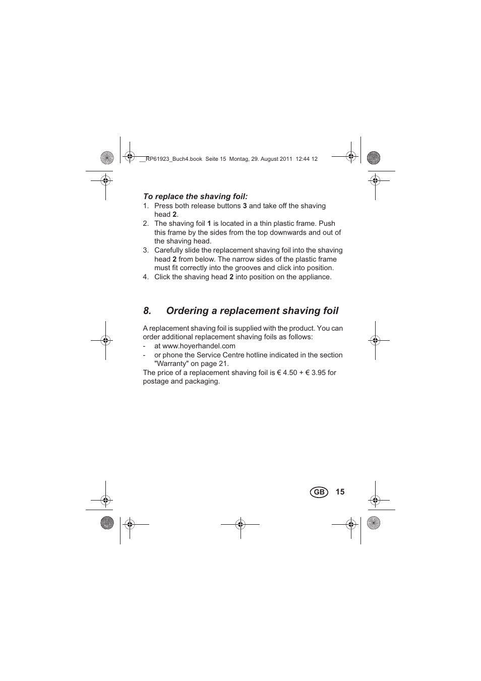 Ordering a replacement shaving foil | Silvercrest SDR 1000 A1 User Manual | Page 17 / 154