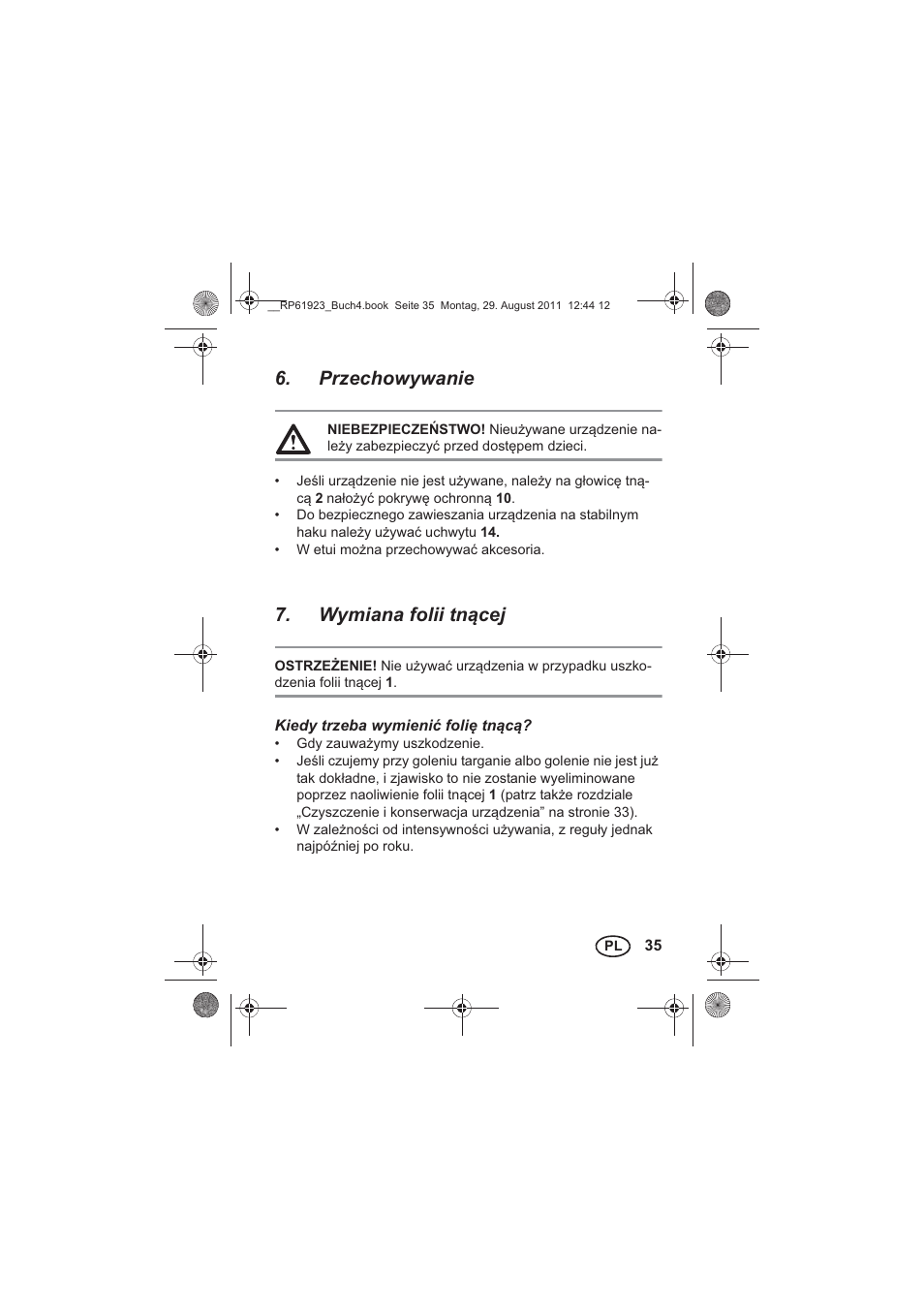 Przechowywanie, Wymiana folii tncej | Silvercrest SDR 1000 A1 User Manual | Page 37 / 154