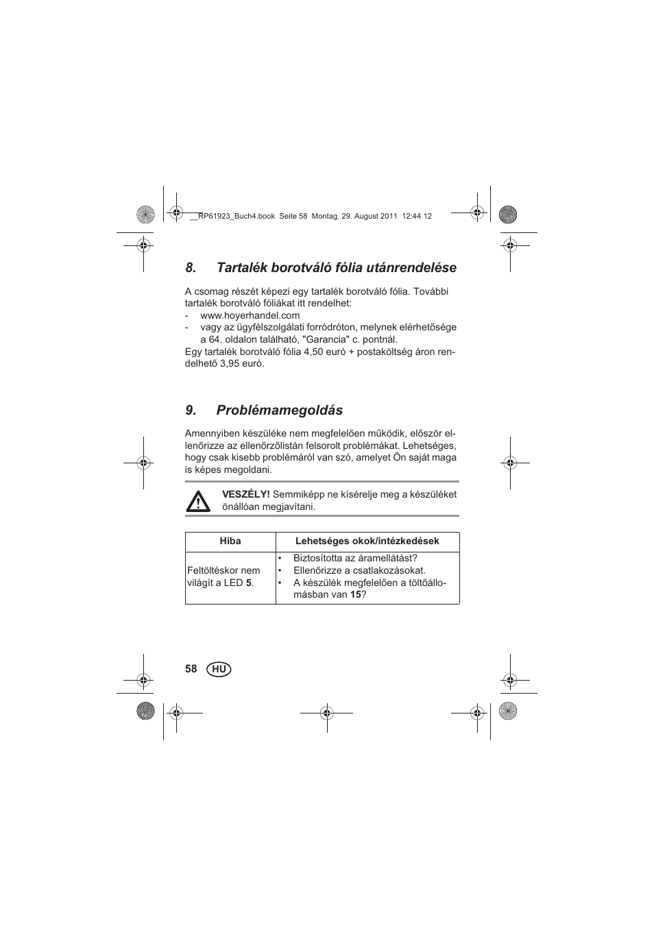 Tartalék borotváló fólia utánrendelése, Problémamegoldás | Silvercrest SDR 1000 A1 User Manual | Page 60 / 154