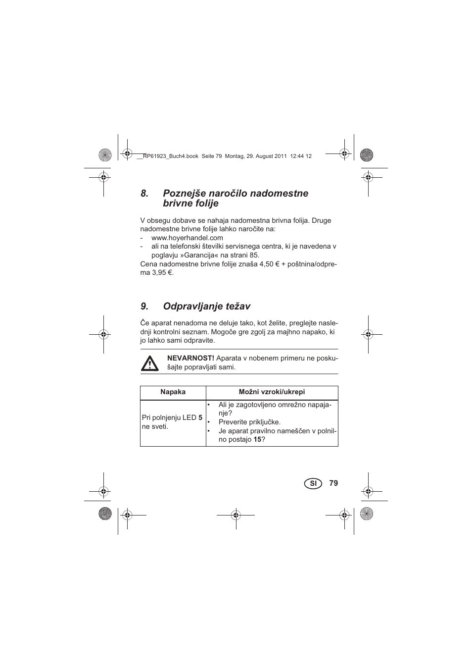 Poznejše naroilo nadomestne brivne folije, Odpravljanje težav | Silvercrest SDR 1000 A1 User Manual | Page 81 / 154