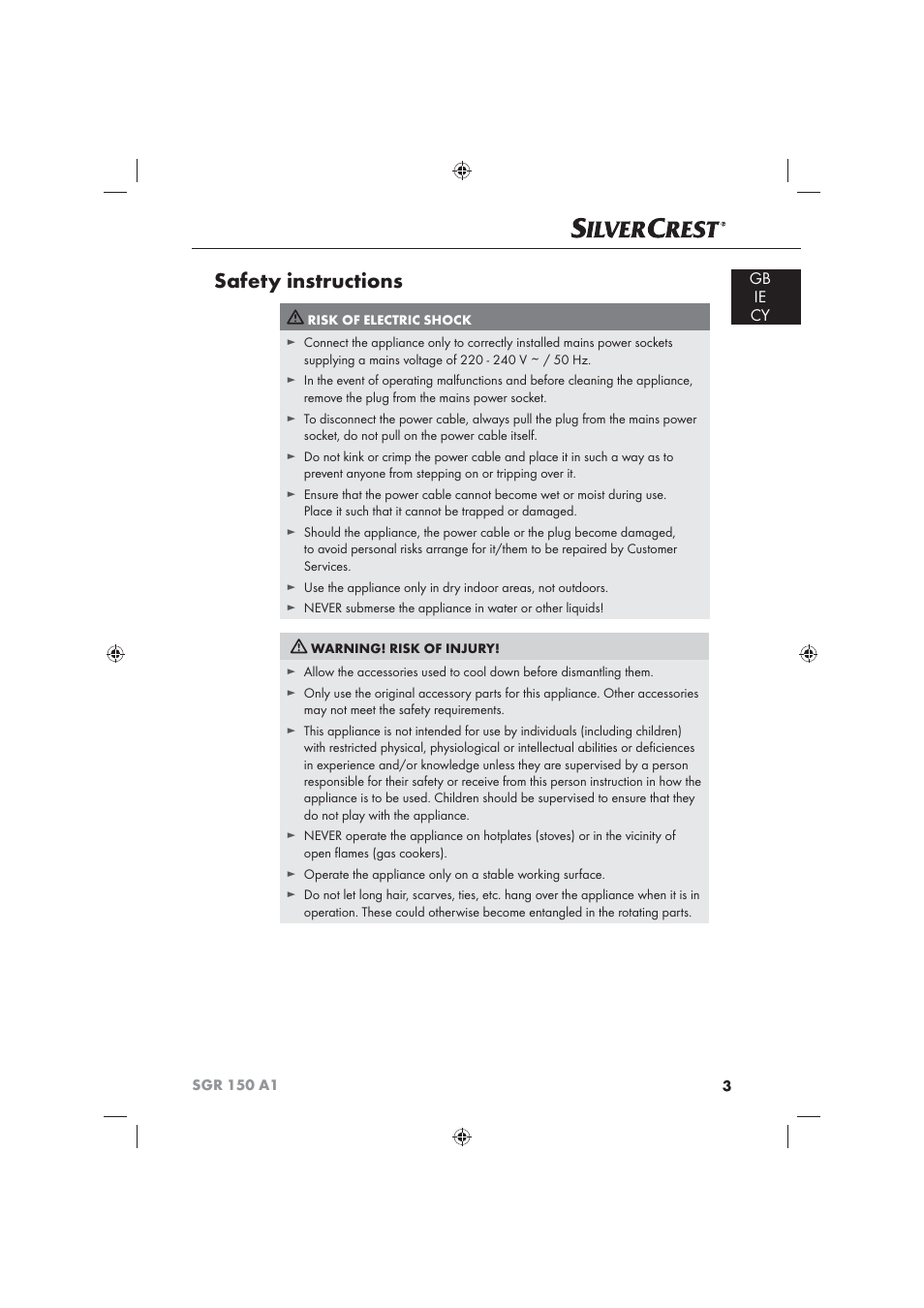 Safety instructions, Gb ie cy | Silvercrest SGR 150 A1 User Manual | Page 5 / 30