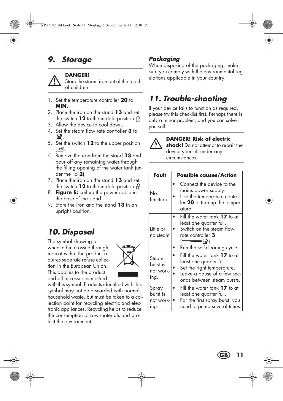 Storage, Disposal, Trouble-shooting | Silvercrest SDBK 2400 C2 User Manual | Page 13 / 94