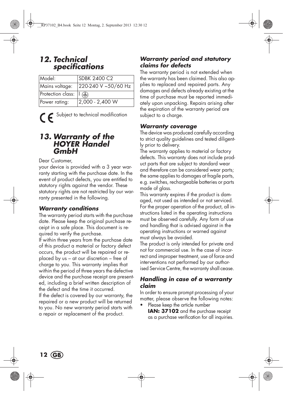 Technical specifications, Warranty of the hoyer handel gmbh | Silvercrest SDBK 2400 C2 User Manual | Page 14 / 94