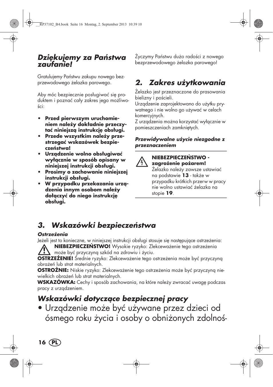 Dzikujemy za pa stwa zaufanie, Zakres u ytkowania, Wskazówki bezpiecze stwa | Wskazówki dotyczce bezpiecznej pracy | Silvercrest SDBK 2400 C2 User Manual | Page 18 / 94