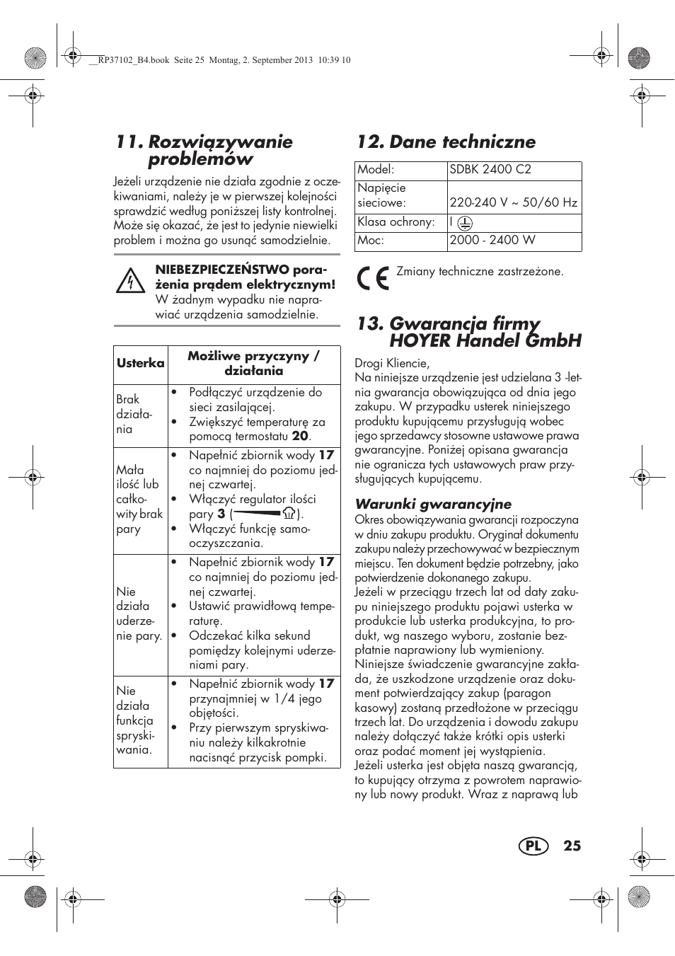 Rozwizywanie problemów, Dane techniczne, Gwarancja firmy hoyer handel gmbh | Silvercrest SDBK 2400 C2 User Manual | Page 27 / 94