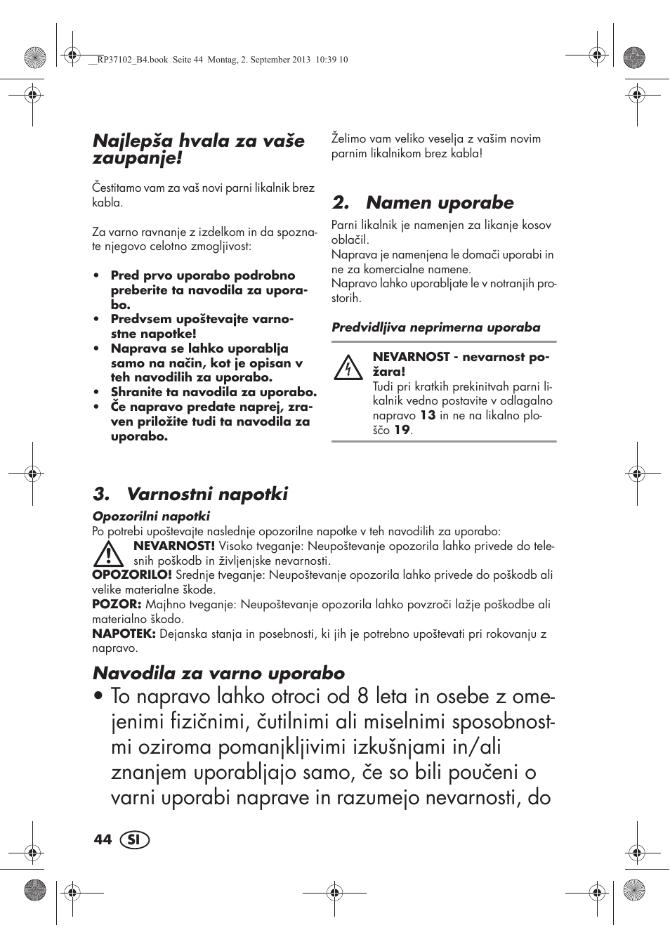 Najlepša hvala za vaše zaupanje, Namen uporabe, Varnostni napotki | Navodila za varno uporabo | Silvercrest SDBK 2400 C2 User Manual | Page 46 / 94