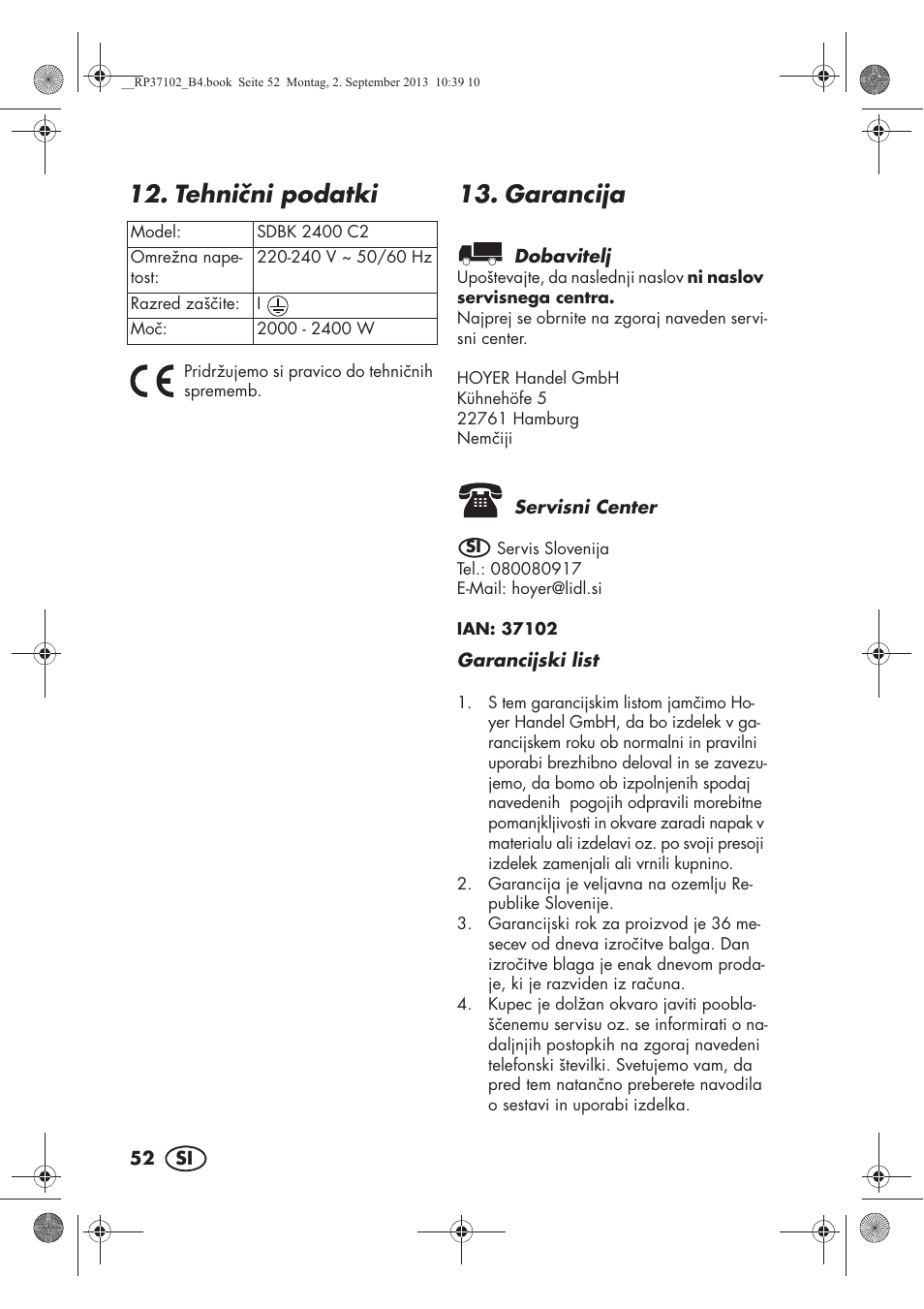 Tehnini podatki, Garancija | Silvercrest SDBK 2400 C2 User Manual | Page 54 / 94