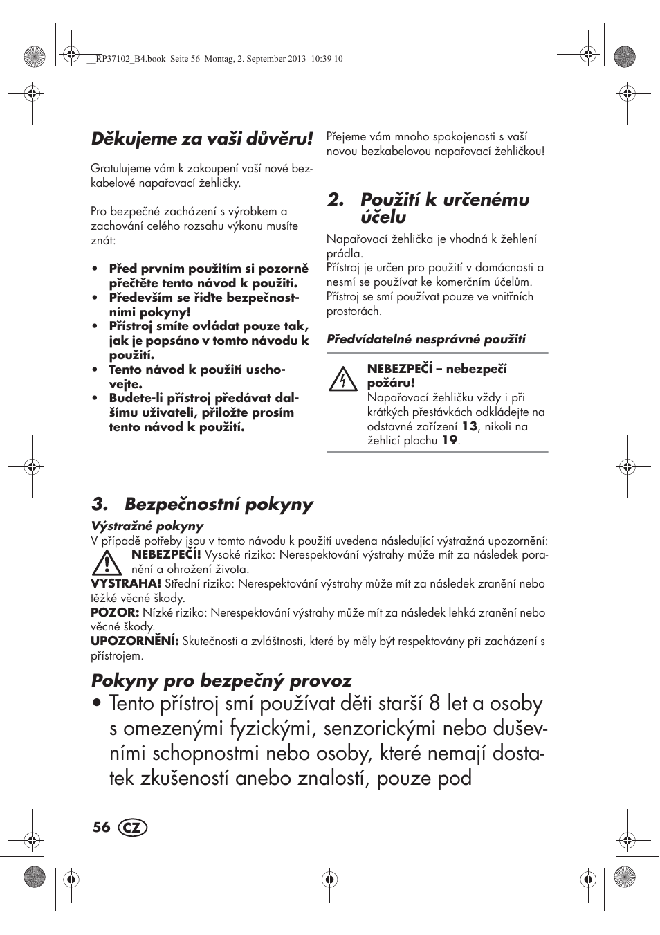 Dkujeme za vaši dvru, Použití k urenému úelu, Bezpenostní pokyny | Pokyny pro bezpený provoz | Silvercrest SDBK 2400 C2 User Manual | Page 58 / 94