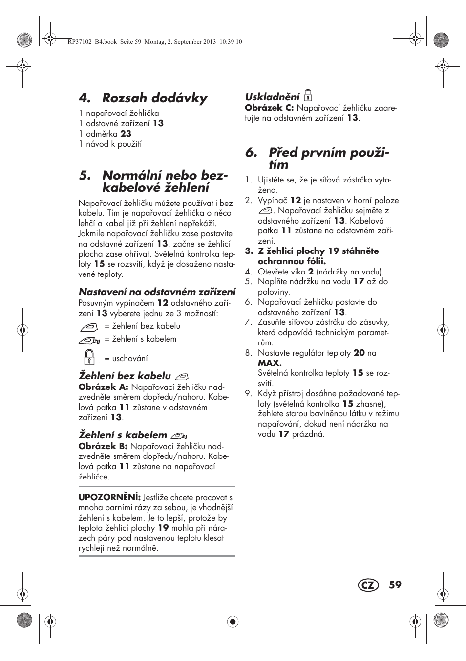 Rozsah dodávky, Normální nebo bez- kabelové žehlení, Ped prvním použi- tím | Silvercrest SDBK 2400 C2 User Manual | Page 61 / 94