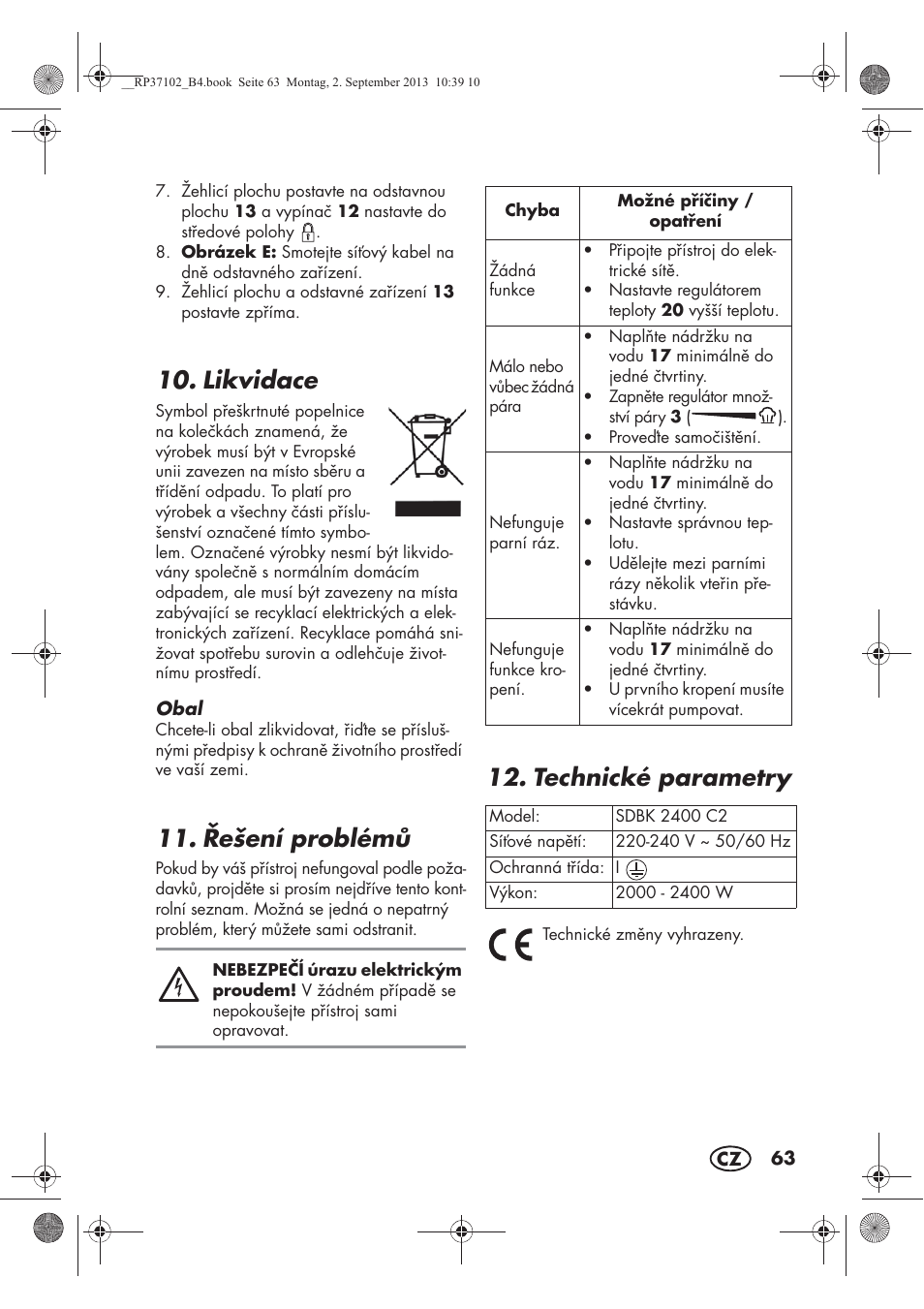 Likvidace, ešení problém, Technické parametry | Silvercrest SDBK 2400 C2 User Manual | Page 65 / 94