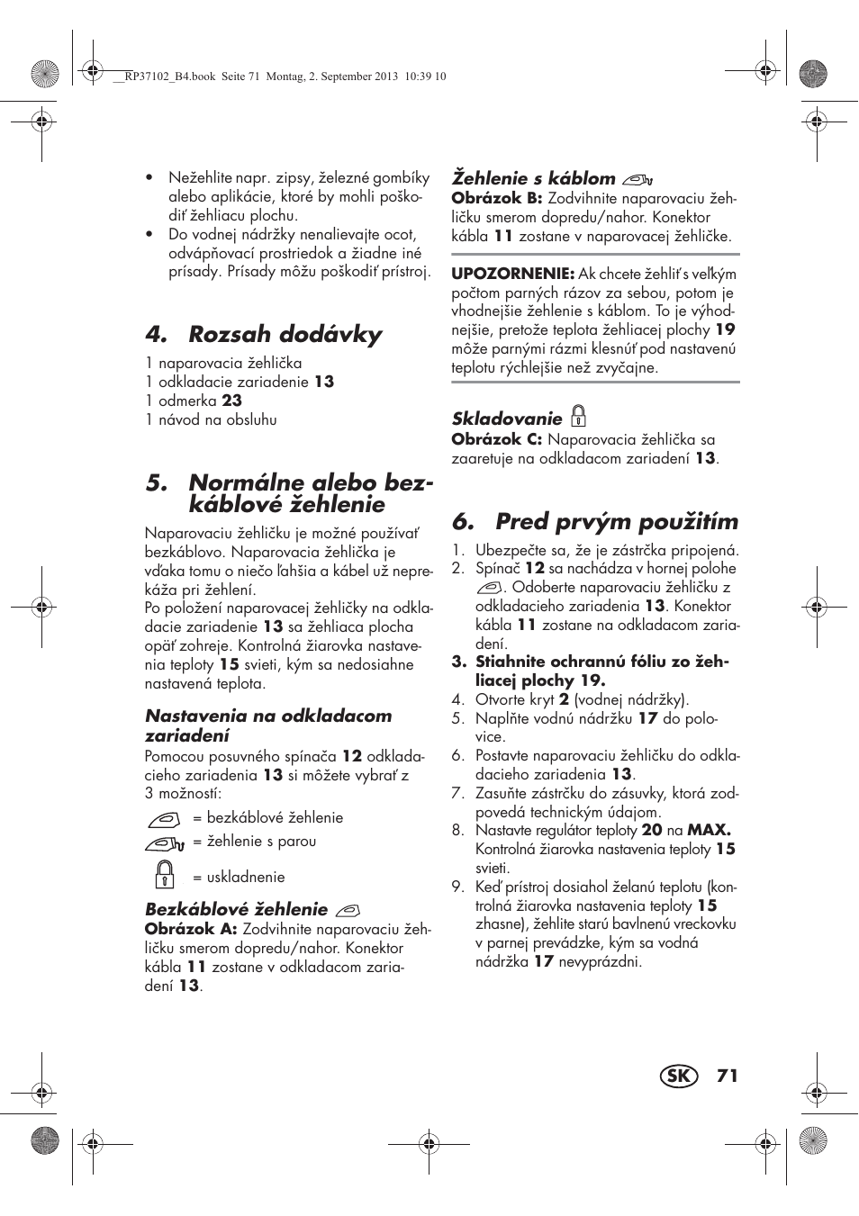 Rozsah dodávky, Normálne alebo bez- káblové žehlenie, Pred prvým použitím | Silvercrest SDBK 2400 C2 User Manual | Page 73 / 94