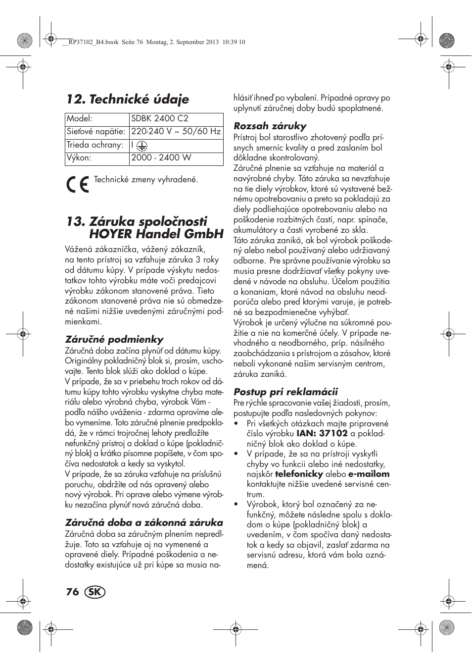 Technické údaje, Záruka spolonosti hoyer handel gmbh | Silvercrest SDBK 2400 C2 User Manual | Page 78 / 94