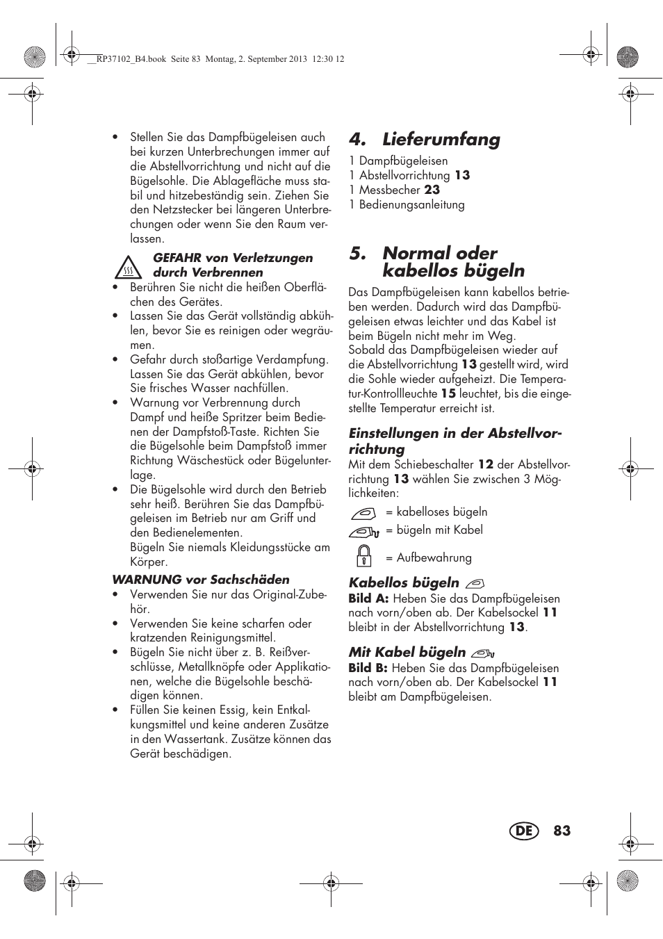 Lieferumfang, Normal oder kabellos bügeln | Silvercrest SDBK 2400 C2 User Manual | Page 85 / 94