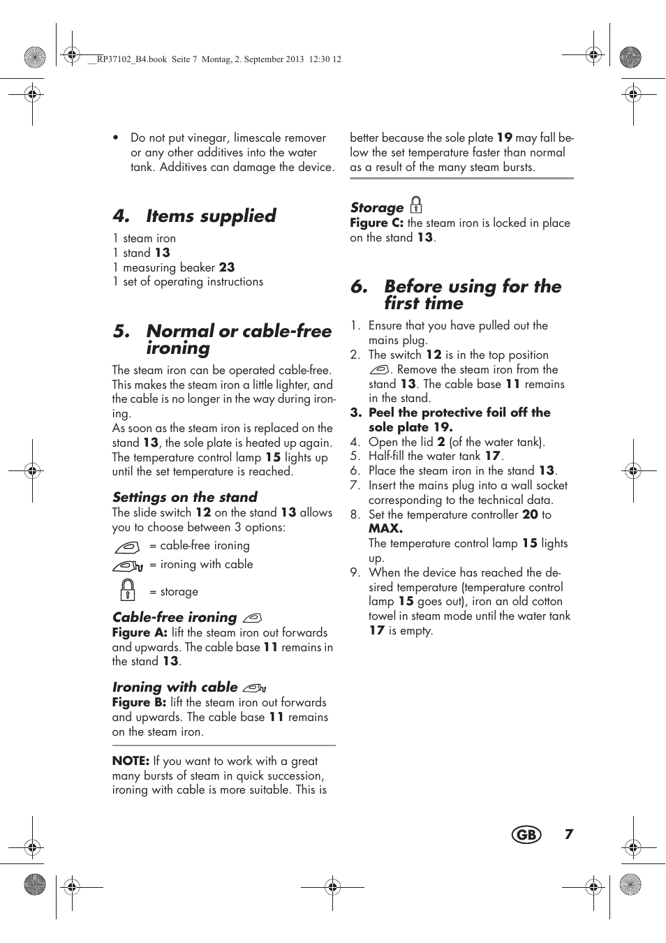 Items supplied, Normal or cable-free ironing, Before using for the first time | Silvercrest SDBK 2400 C2 User Manual | Page 9 / 94