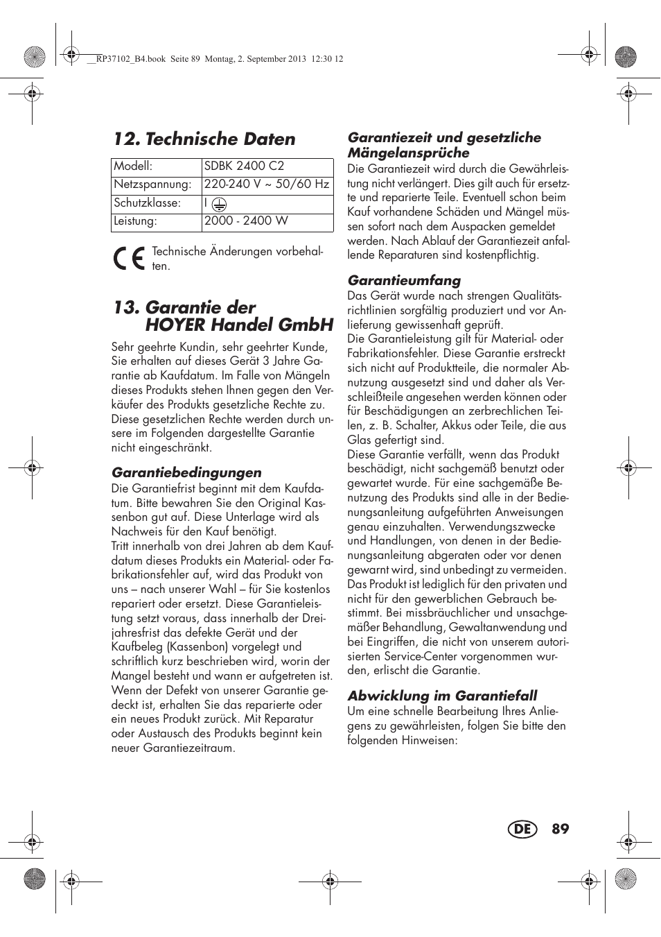 Technische daten, Garantie der hoyerhandel gmbh | Silvercrest SDBK 2400 C2 User Manual | Page 91 / 94