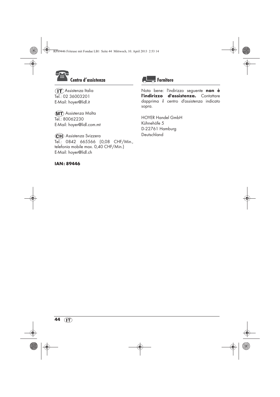 Centro d’assistenza, Fornitore | Silvercrest SFM 840 A1 User Manual | Page 46 / 74