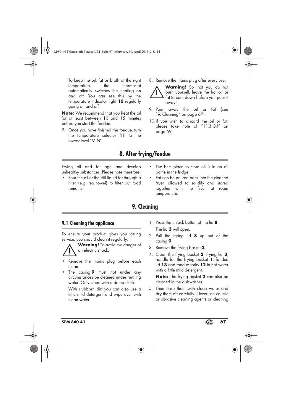 After frying/fondue, Cleaning, 1 cleaning the appliance | Silvercrest SFM 840 A1 User Manual | Page 69 / 74