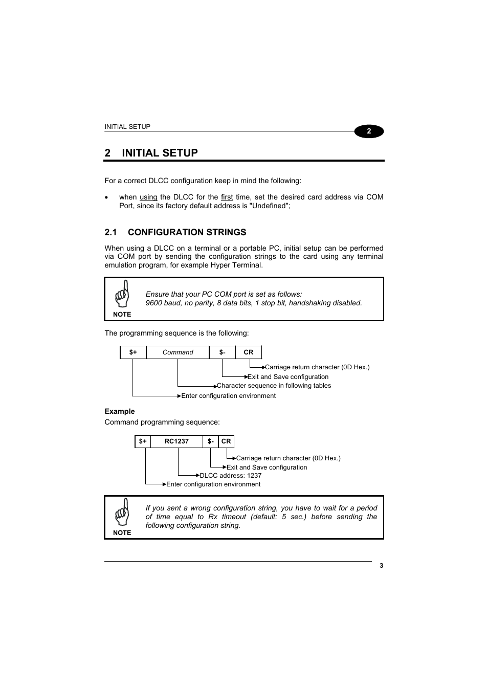 Initial setup, Configuration strings, Ter 2 | Port. batch files containing the desired, 2 initial setup, 1 configuration strings | Datalogic Scanning DL Cordless Card DLCC User Manual | Page 17 / 55