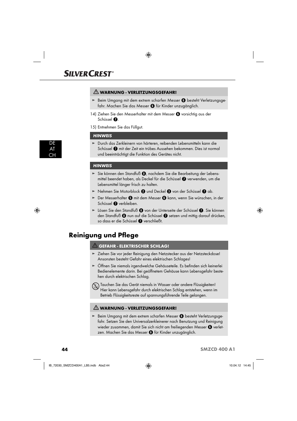 Reinigung und pﬂ ege, De at ch | Silvercrest SMZCD 400 A1 User Manual | Page 46 / 50