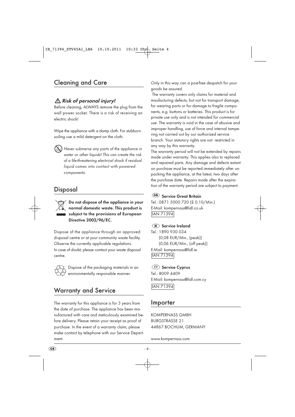 Cleaning and care, Disposal, Warranty and service | Importer, Risk of personal injury | Silvercrest STV 45 A1 User Manual | Page 6 / 9