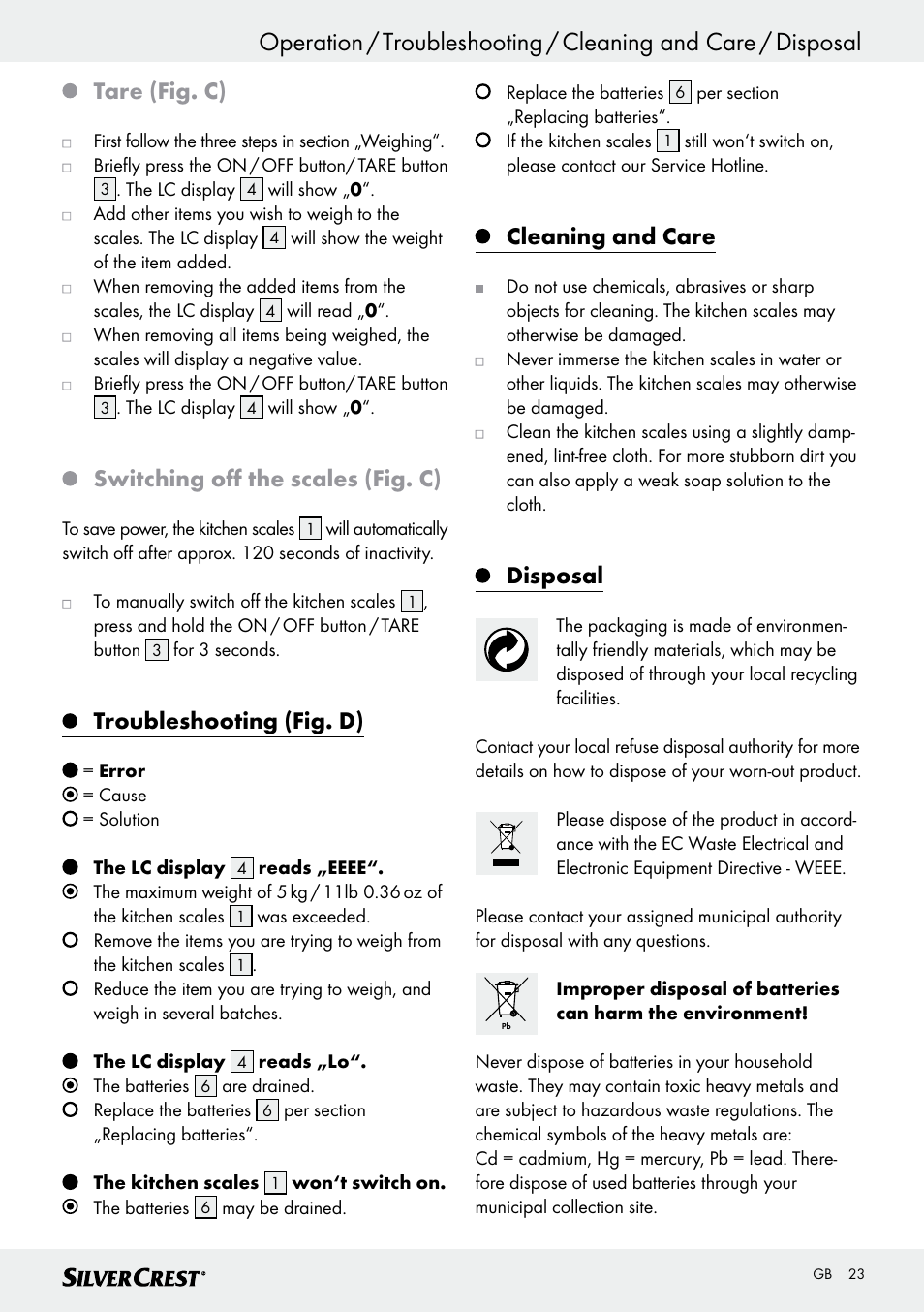 Tare (fig. c), Switching off the scales (fig. c), Troubleshooting (fig. d) | Cleaning and care, Disposal | Silvercrest SKWD A1 User Manual | Page 23 / 26