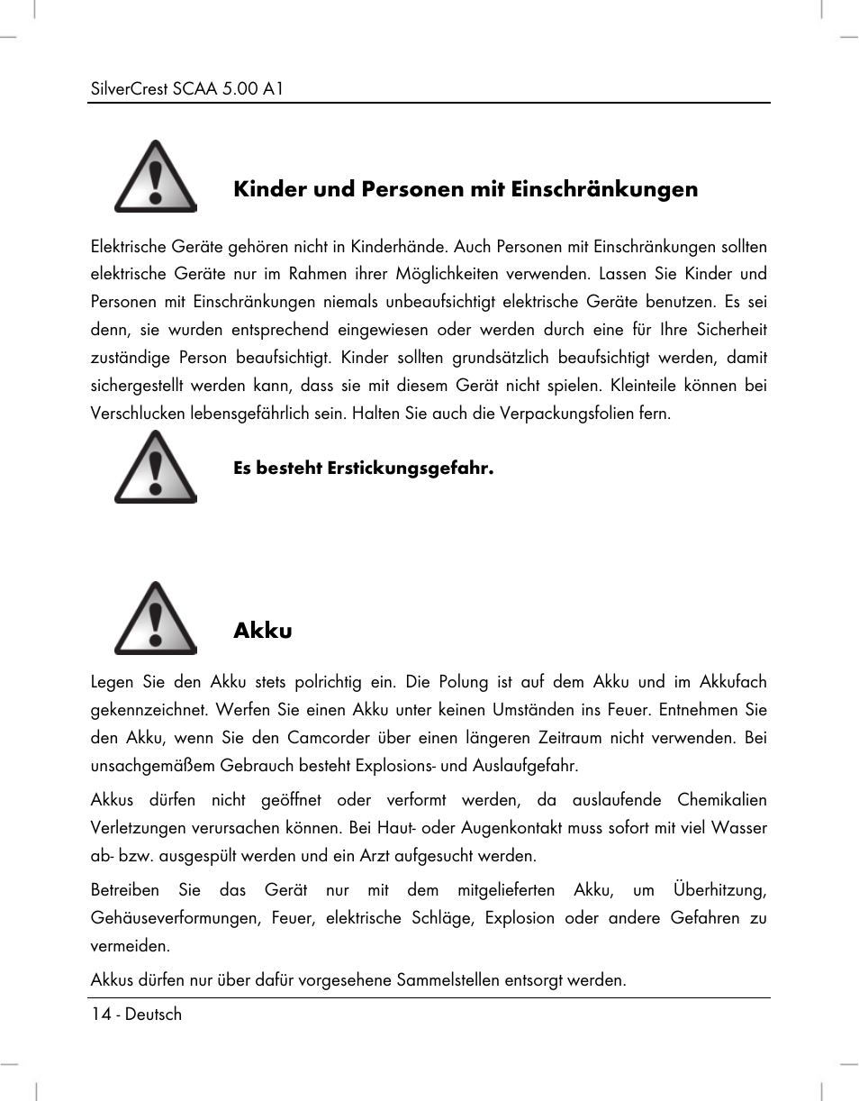 Kinder und personen mit einschränkungen, Akku | Silvercrest SCAA 5.00 A1 User Manual | Page 16 / 294
