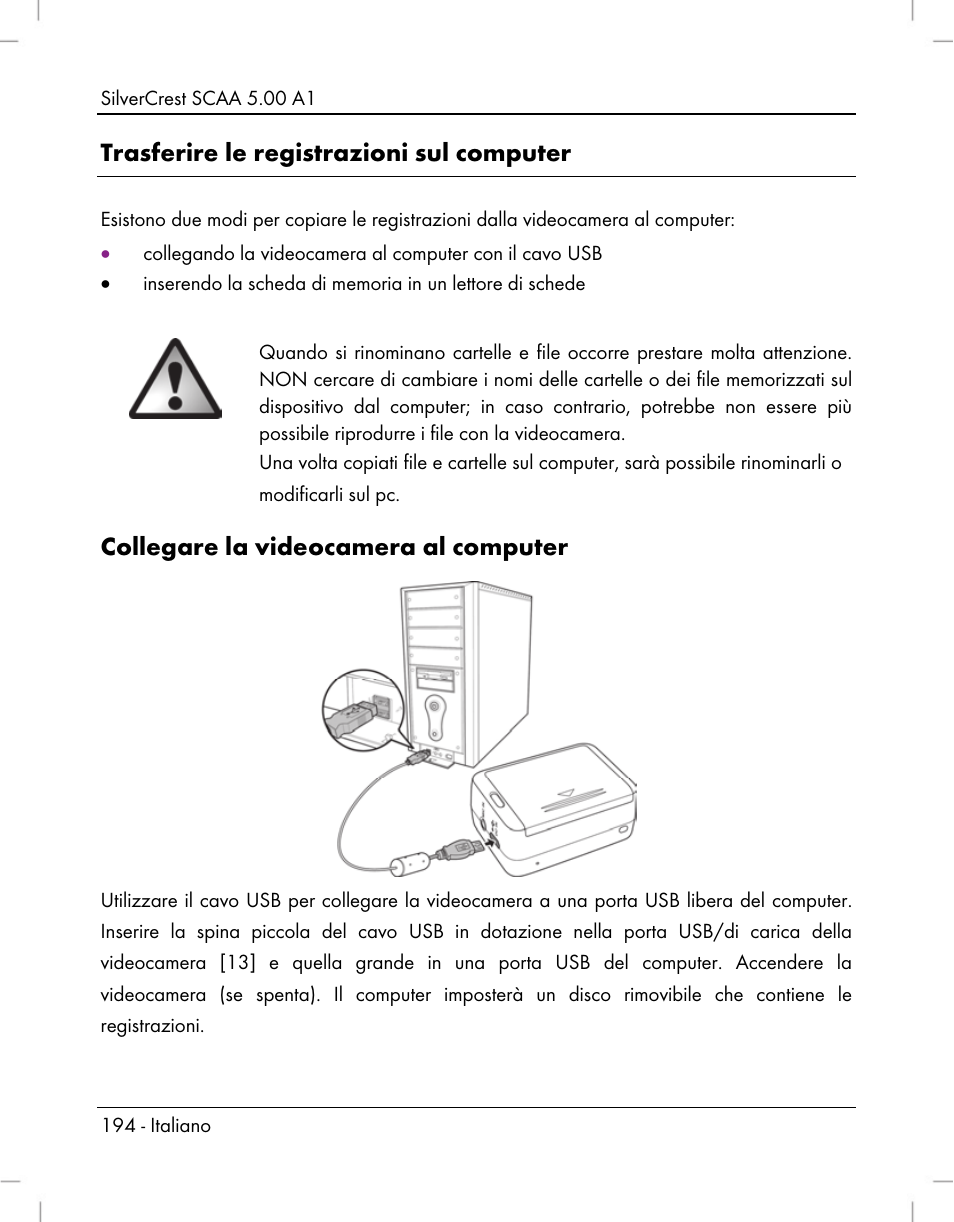 Trasferire le registrazioni sul computer, Collegare la videocamera al computer | Silvercrest SCAA 5.00 A1 User Manual | Page 196 / 294